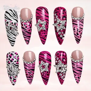 Hot Pink Y2K Press On Nails, Zebra & Leopard Print, Rhinestone Star Charms, Glam Punk, Barbiecore, Handmade Fake Nails