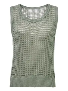 Women Sage Green Crochet Knit Tank Top Sleeveless Sweater Vest