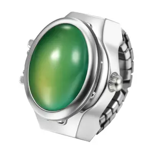 Women's Elastic Ring Watch: Openable Case Silver Stretch Band Cat Eye Decorative Analog Quartz Finger Watches