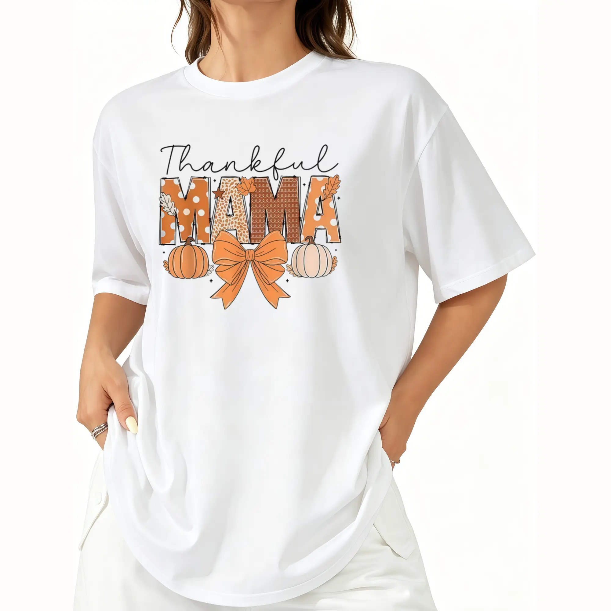 Cotton Thanksgiving Graphic Women T Shirt Thankful Mama Coquette Fall Pumpkin Spice Thanksgiving Women T-Shirt walk  by  faith  tee Flower Print Casual T-Shirt