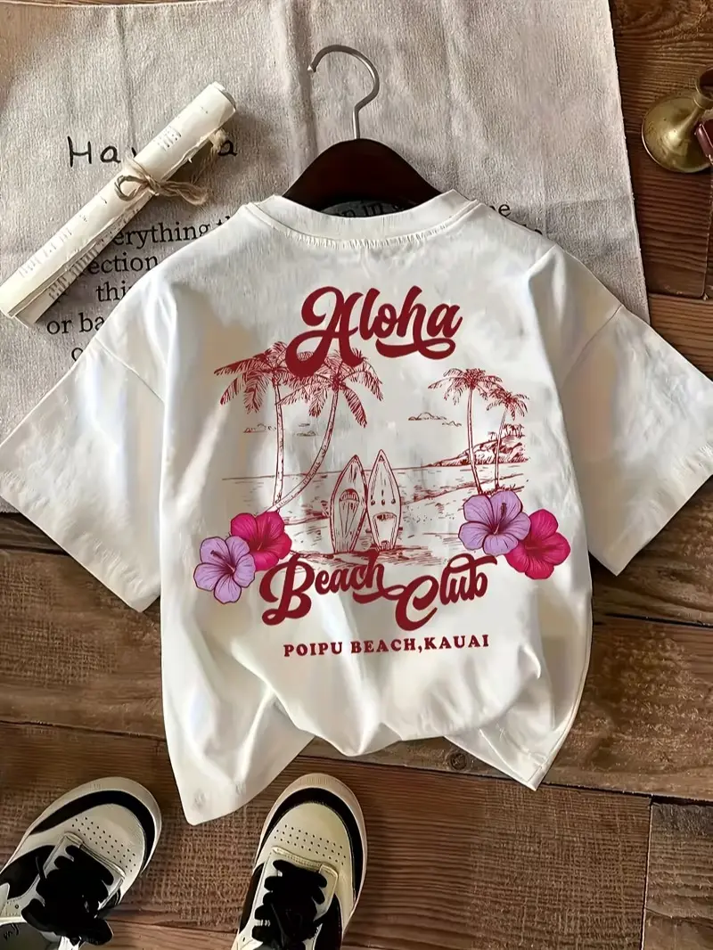Women's Oversized Short-Sleeve Lightweight Soft Cotton Crewneck Tee - Tropical Breathable 2-Sided Printed Kauai Poipu Beach Aloha Vintage Summer Vacation Casual Top