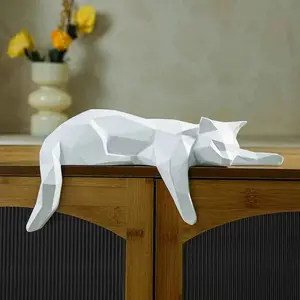 White Black Cat Statue - Geometric Modern Figurine Sculpture for Home Office Decor, Lying Cat Shelf and Desk Accent