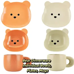 GOLDEN LION Ceramic Bear Dinnerware Collection - Matte Finish Individual Bowls (6"), Plates  (8"), and Mugs 200ml, Cute Animal Tableware for Rice, Soup & Salad, Tea White & Honey Orange