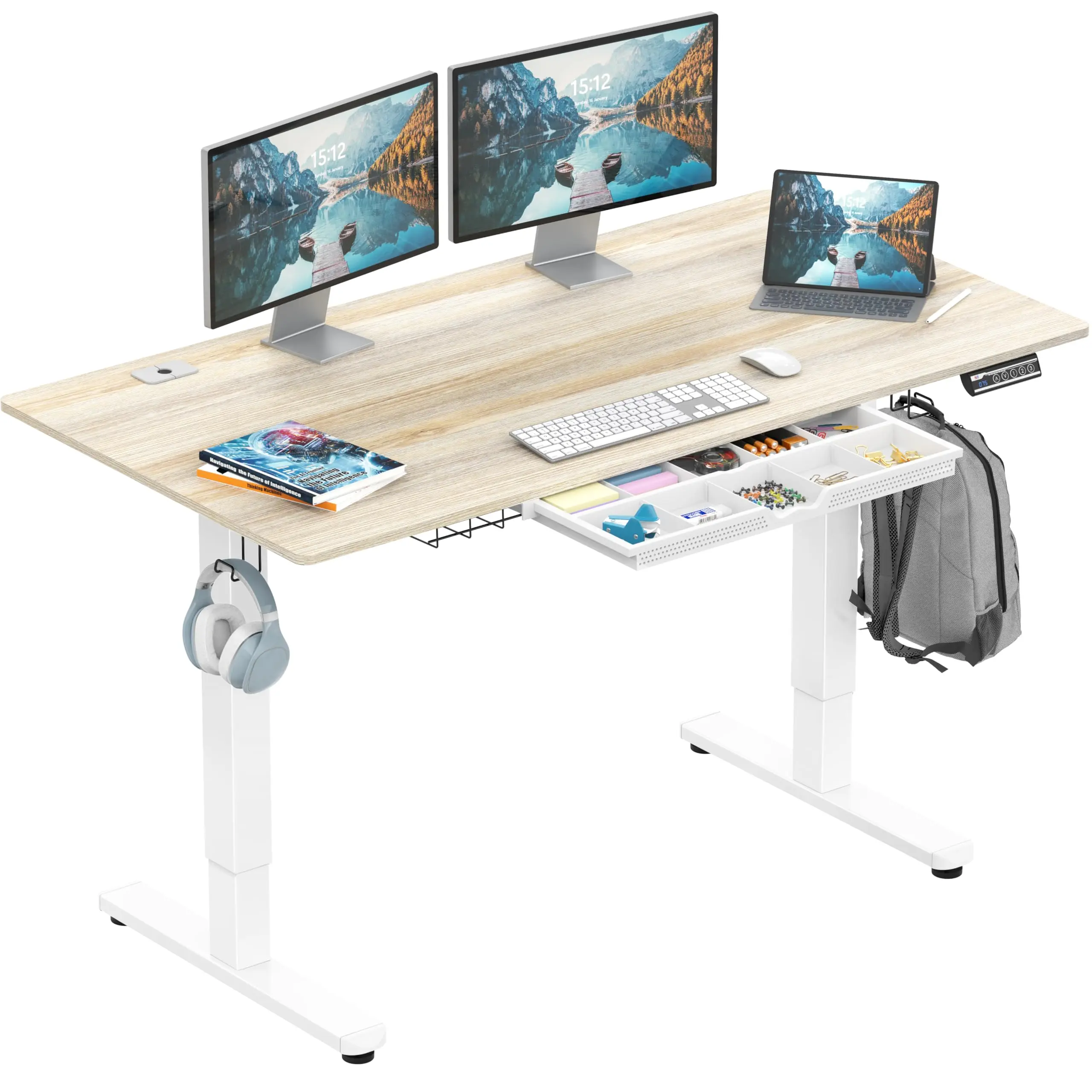 55×28 Inch Maple Electric Height Adjustable Standing Desk, Memory Preset Sit Stand Desk with Drawer, Cable Management & Curved Edge, Ergonomic Home Office Workstation