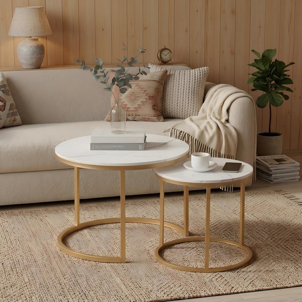 Holiday Special 2-Piece Nesting Coffee Table Set – Marble Round Top, Space-Saving Stackable Design, Sturdy MDF & Metal Frame, Easy Assembly for Living Room Bedroom