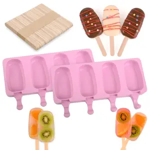 2 Pack Pink Silicone Popsicle Molds with 50 Wooden Sticks, Food-Grade BPA-Free Ice Pop Maker, Reusable Cakesicle Mold for DIY Ice Cream, Cake Pops, Yogurt Pops, Summer Kids Snacks