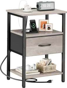 Night Stand, Nightstand with  Station, Bed Side Table with Drawer, 3-Tier End Table with Storage Shelf for Living Room, Tall Bedside Table, Rustic Small Night Stand for Bedroom, Grey