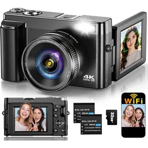 4K Digital Camera for Photography Autofocus, Upgraded 64MP WiFi Vlogging Camera for YouTube with 3" 180? Flip Screen, 16X Zoom, Compact Travel Cameras for Beginners with 32GB Card, 2 , Black