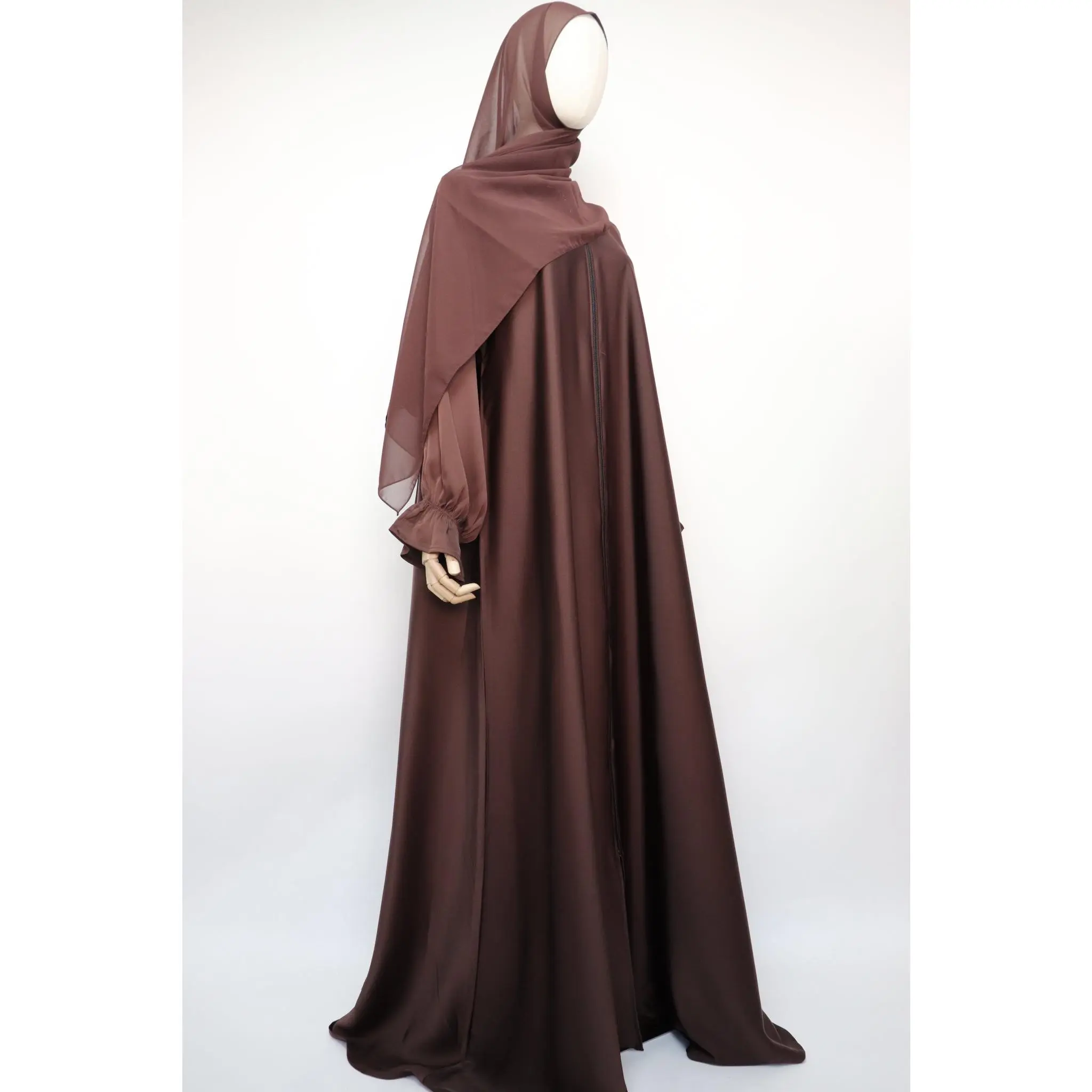 Full Zip Semi Flare Crinkle Abaya - Choco