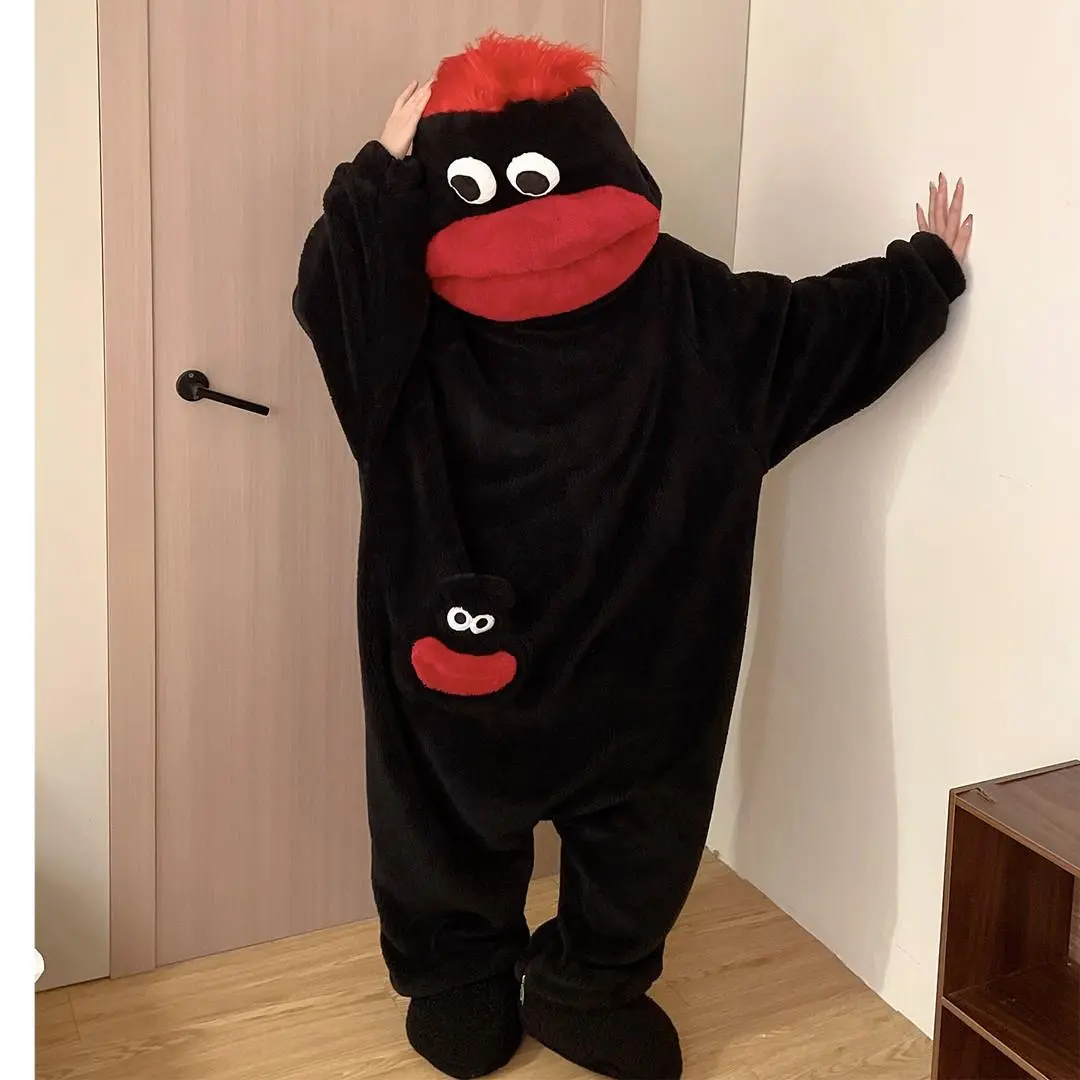 Funny Big Mouth Monster Adult Onesie Thick Fleece Couples Pajamas Quirky Novelty Loungewear Costume Cosplay Suit Winter Warm Polyester Sleepwear with Hair Comb Mini Pouch Ugly Cute 2026 Pajama Party Halloween costumes