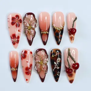 10 Pieces Medium Almond Shaped Burgundy Handmade Nails, Cherry Floral Pattern with Gold Beads, Romantic Fake Nail Set for Date Night and Festive Looks, Includes Jelly Gel and Nail File
