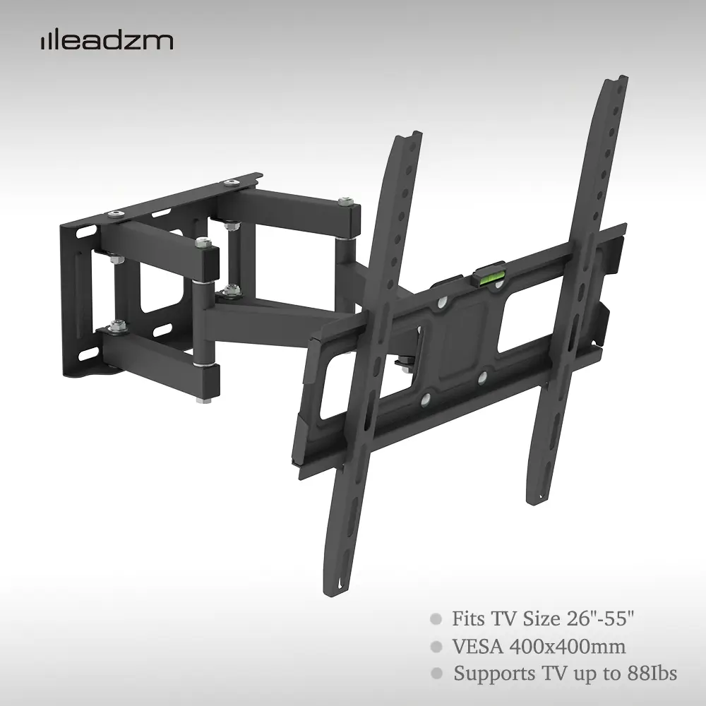 North Bayou Sturdy Full Motion TV Wall Mount (TMDS-105) for Living Room - 26-55 in, Double Pendulum Design, Large Steel Plate & Base, Bubble Level, Multiple VESA Fits Up to 400x400mm, 88 lb Load Capacity, Black, 88Lb