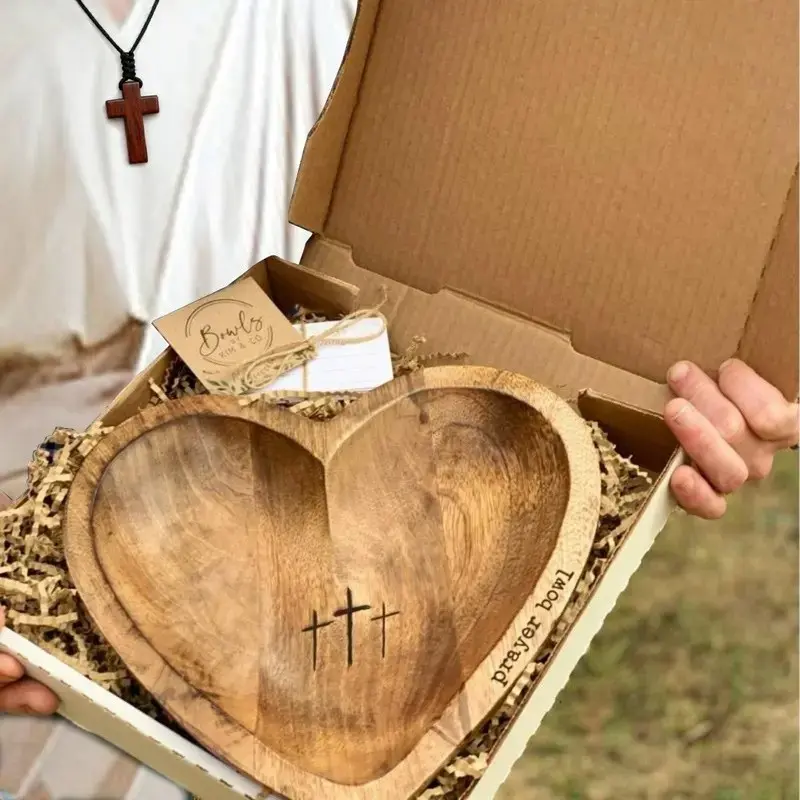 Wooden Heart Prayer Bowl with 24 Prayer Cards, Handmade Carving Cross and Letter Patterns, Religious Decor Ornaments for Home, Church, Easter Gift, Religious Decorations