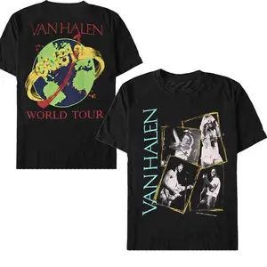 Women's Short-Sleeve Round Neck Fitted Cotton T-Shirt - 3D Van Halen Print, 1978-1984-1994 Rock Era Vintage World Tour Tribute Top, Casual