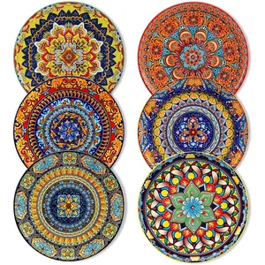 Colorful Dessert Plates Set of 6, 8.5 Inch Ceramic Salad Plates, Boho Small Dinner Plates, Bohemian Printed Kitchen Plate for Breakfast, Microwave & Dishwasher Safe Dishes, Series KRVI