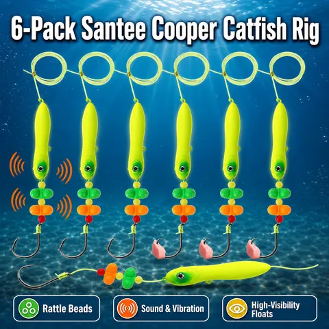 BEASTENERGY 3PCS Santee Cooper Style Fishing Hook Set - Bottom Snag-Reducing Tackle with Rattle Floats, Peg Floats, 6/0 & 8/0 Circle Hooks, Fish Attractant Terminal Tackle for Lake, River Fishing (Multiple Packs Option)