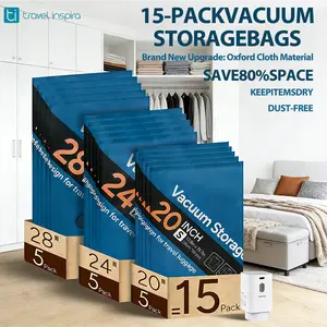 【2026 Upgraded】Travel Inspira 15 Pack Vacuum Compression Bags, 2026 Upgraded Space Saver Bags, Privacy Protection Oxford Cloth, Reusable Waterproof Packing Bags, 3 Sizes Fit 20/24/28" Luggage, Travel & Closet Organization Essentials