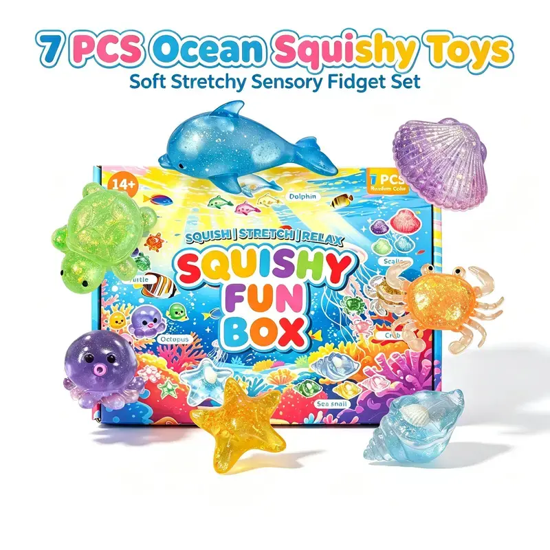 7-Piece Ocean Squishy Stress Relief Toy Set, Soft & Stretchable Sensory Fidget Toys. Includes 7 distinct marine creature figures. Ideal as party favors, classroom rewards, birthday gifts and holiday presents.