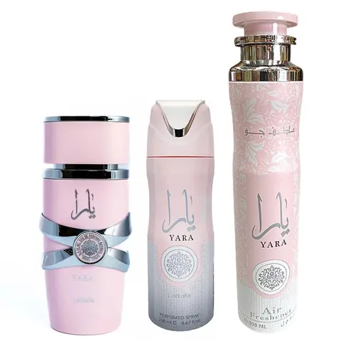 Lattafa Yara Women's 3-Piece Fragrance Combo Set - 250ml Perfume for Adults, Body Spray, Scented Home Fragrance Freshener, Citrus Floral Musk Vanilla Scent, Skin & Fabric Use, Gifting Bottle Pack, 60-Month Shelf Life