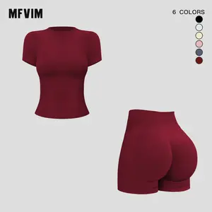 MFVIM Women's Solid Color Round Neck Sports T-Shirt & High Waist Shorts Tracksuit Set Long Sleeve Tight Fitting Top & Skinny Shorts Summer Outfit 2025 Ladies Sportswear for Indoor and Outdoor Wear