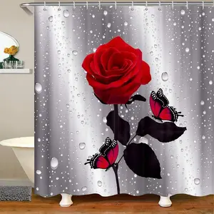 Red Rose Butterflies Polyester Fabric Shower Curtain Sets with Hooks,Modern Bathroom Home Decor, Waterproof 72"x72"