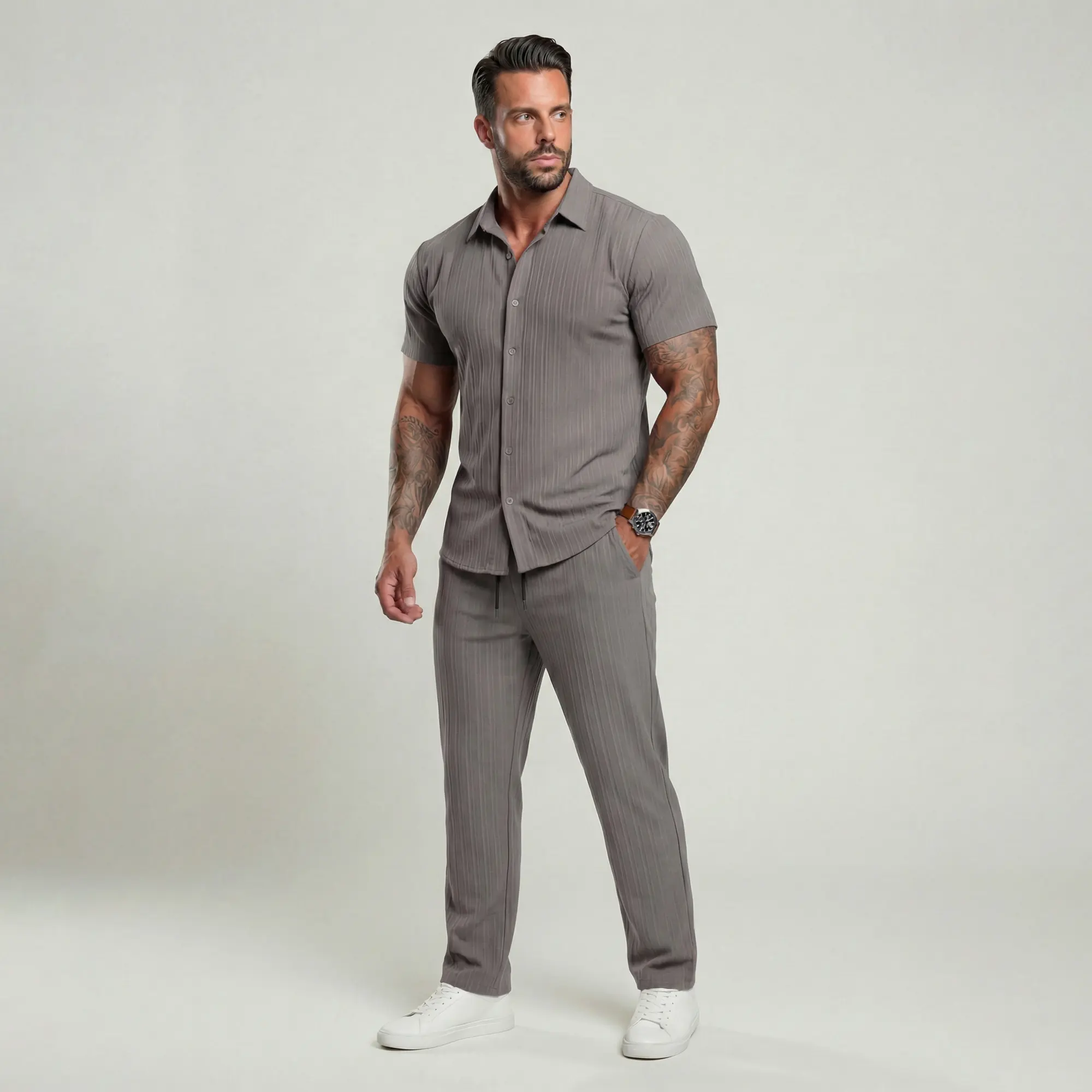 KZZ Men's Maroon Button-Front Shirt & Drawstring Pocket Trousers Set - Casual Short Sleeve Fitted Shirt KZZ Men's Maroon Button-Front Shirt & Drawstring Pocket Trousers Set - Casual Short Sleeve Fitted Shirt