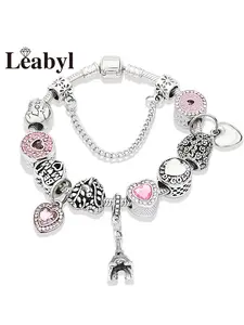 1 PC Pink Crystal Heart Charm Bracelet, Antique Silver Color Eiffel Tower Flower Beaded Jewelry,Love Heart Best Mom Letter DIY Jewelry Gift, Heart Design Bracelet