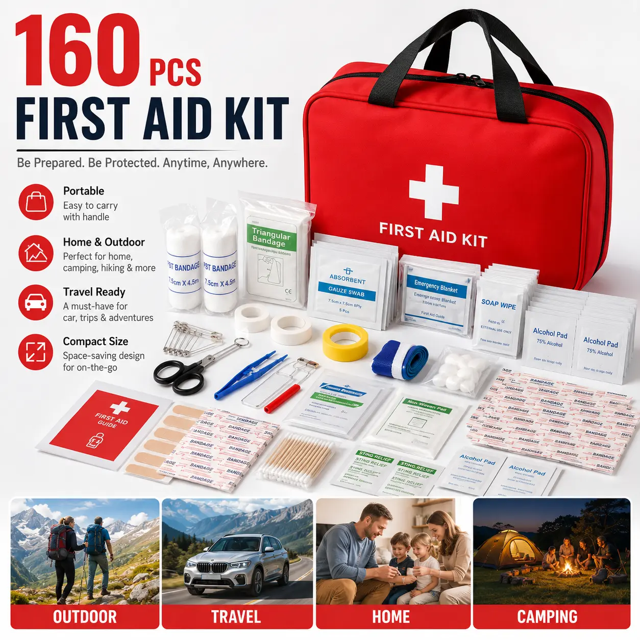160 Pcs First Aid Kit, Compact & Portable Emergency Kit with Water-Resistant Carry Bag, Essential Supplies for Home, Car, Office, Travel, Camping, Hiking & Outdoor Use