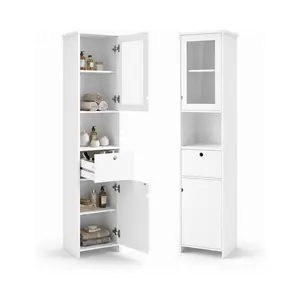 64" Tall Storage Cabinet, Bathroom Cabinet with Painted Finish for Water Resistance, Adjustable Shelves, Open Shelves and Transparent Glass Doors, for Bathroom, Living Room, Entryway, Kitchen