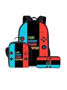 Game console pattern printed 17-inch backpack three-piece set (single-layer backpack + shoulder strap lunch bag + single-layer pencil case) Gamer Backpack Set