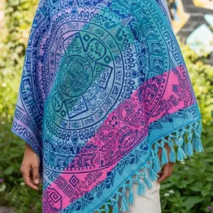 Mexican Rebozo Aztec Calendar Artisan Shawl Wrap Cape