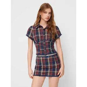 Cider Cotton Plaid Collar Short Sleeve Blouse & Mid Rise Lace Trim Bowknot Mini Skirt Set [LIVE ONLY]