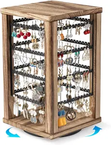 360 Earring Holder Organizer, Rustic Earring Stand, Rotating Wooden Display, 4 Tiers Earring Organizer Stand for Stud Earrings, Hoop Earrings & Necklaces, Women Gifts
