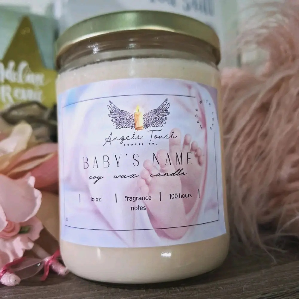 Angels Touch Brand Baby's Name Soy Wax Candle 16 oz for Pregnancy & Infant Loss Memorial 100 Hours Fragrance Notes