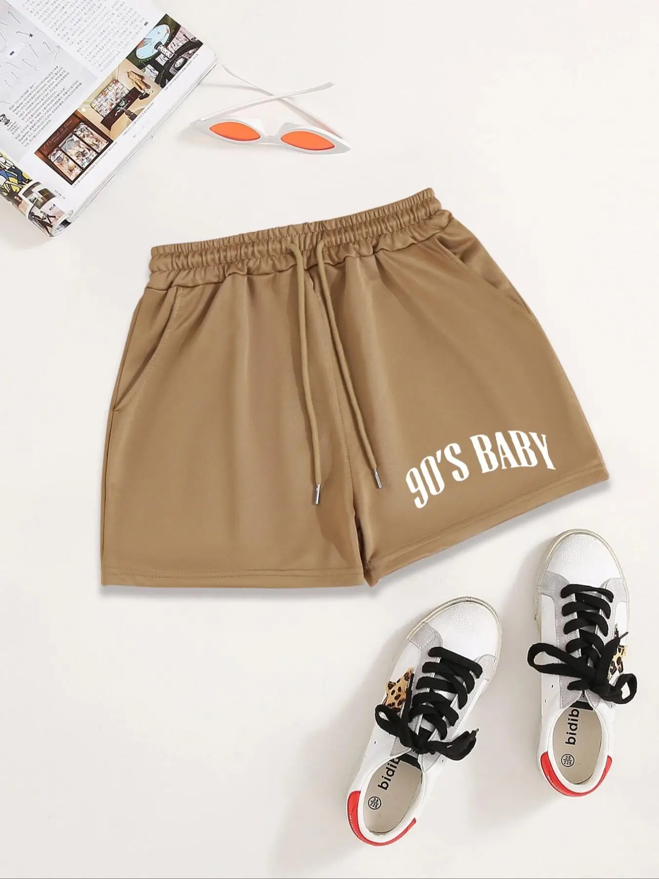 Women's Figure & Letter Print Drawstring Shorts, Summer Outfits, Casual Elastic Waist Pocket Bottoms for Summer, Fashion Women's Summer Clothes for Da