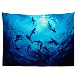 Underwater World Tapestry - Blue Ocean Style Wall Hanging with Shark & Coral Reef Design, Horizontal Indoor Decor for Living Room or Bedroom, Soft Peach Light Beige Fabric, Decorative Background |     Ocean Theme Decor |     Smooth Texture, Under The Sea