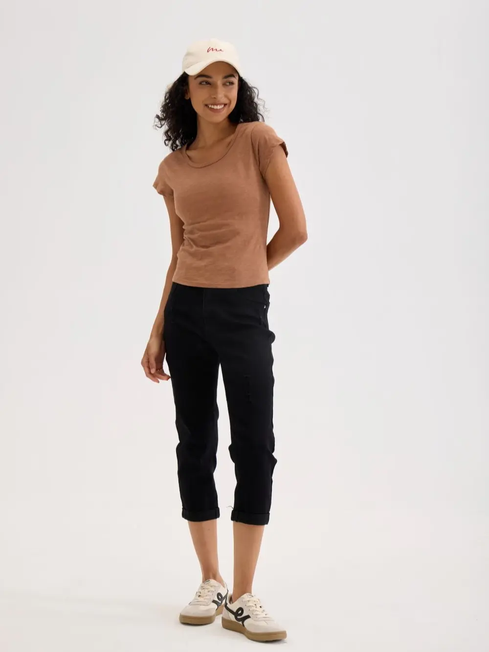 Women's High-Waisted Black Denim Capri Pants - Double Button, Rolled Cuff, Maternity, Minimalist Basic Casual Bottoms Womenswear