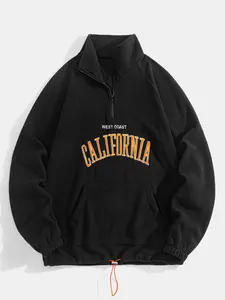 Men's Letter Embroidery Drawstring Zip Up Sweatshirt, Casual Loose Long Sleeve Stand Collar  Sweatshirt for Fall & Winter, Men's Clothes for Daily Wear, Casual Streetwear Sweatshirt