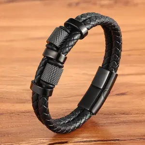 1pcs Black Faux Leather Cord Men's Double Braided Faux Leather Bracelet Handmade Multi-layer Faux Leather Bracelet Wristband | Magnetic Clasp