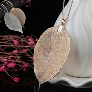Fashion True Natural Real Leaves Leaf Pendant Necklace Long Sweater Snake Chain For Women Jewelry Gift
