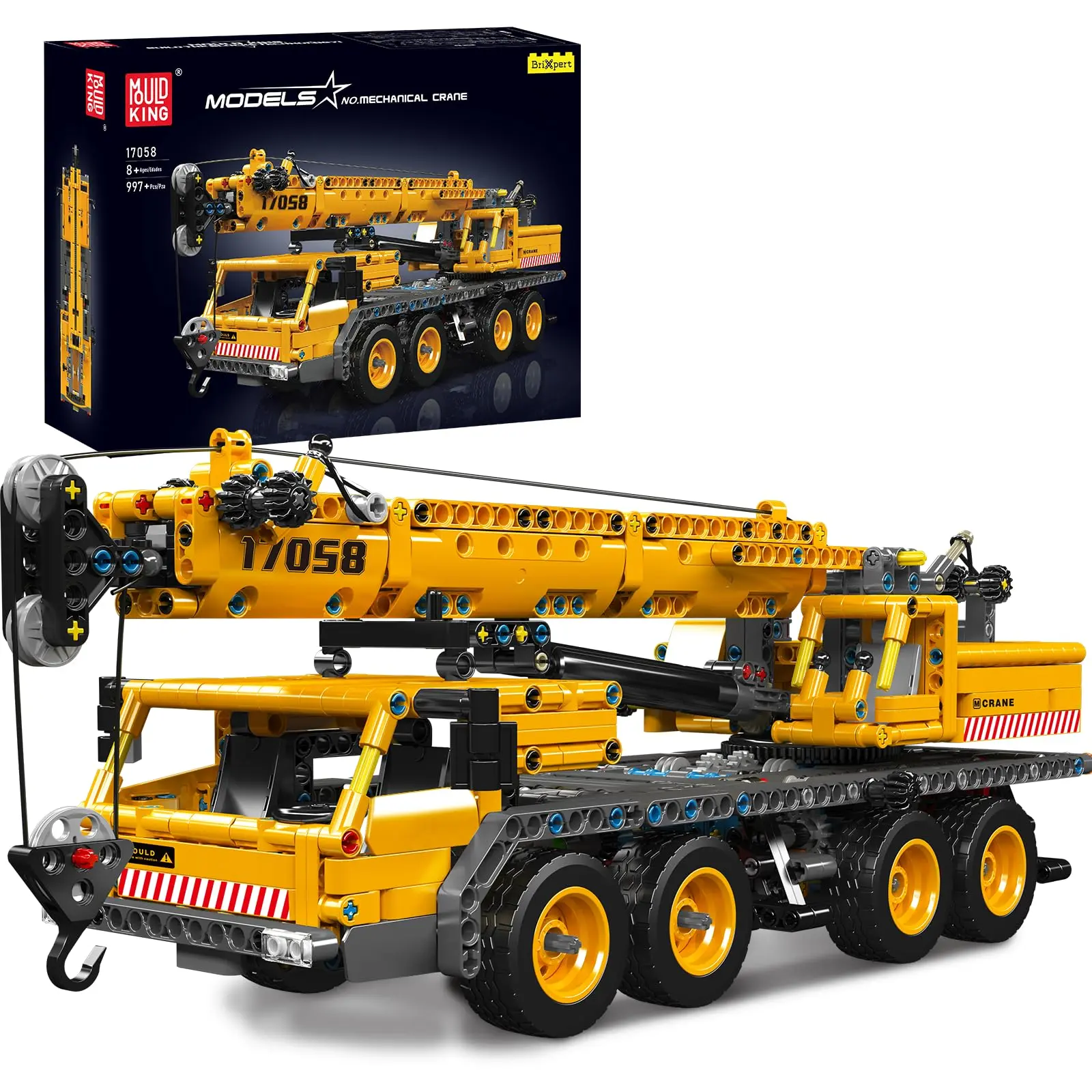 Mould King 17058 8-Wheeled City Mobile Crane Truck Toy Building Set with Stem, Winch, Boom, Adjustable Legs, 997-Piece Construction Model Blocks Kit for Ages 8+ (Gifts for Kids & Adults)