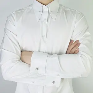 Pinhole collar men's long sleeved shirt French cuffs with cufflinks, collar needles, solid color top, business gentleman wrinkle resistant versatile bamboo fiber antibacterial wrinkle resistant Menswear Beige godspeed shirt summer outfits men button shirt