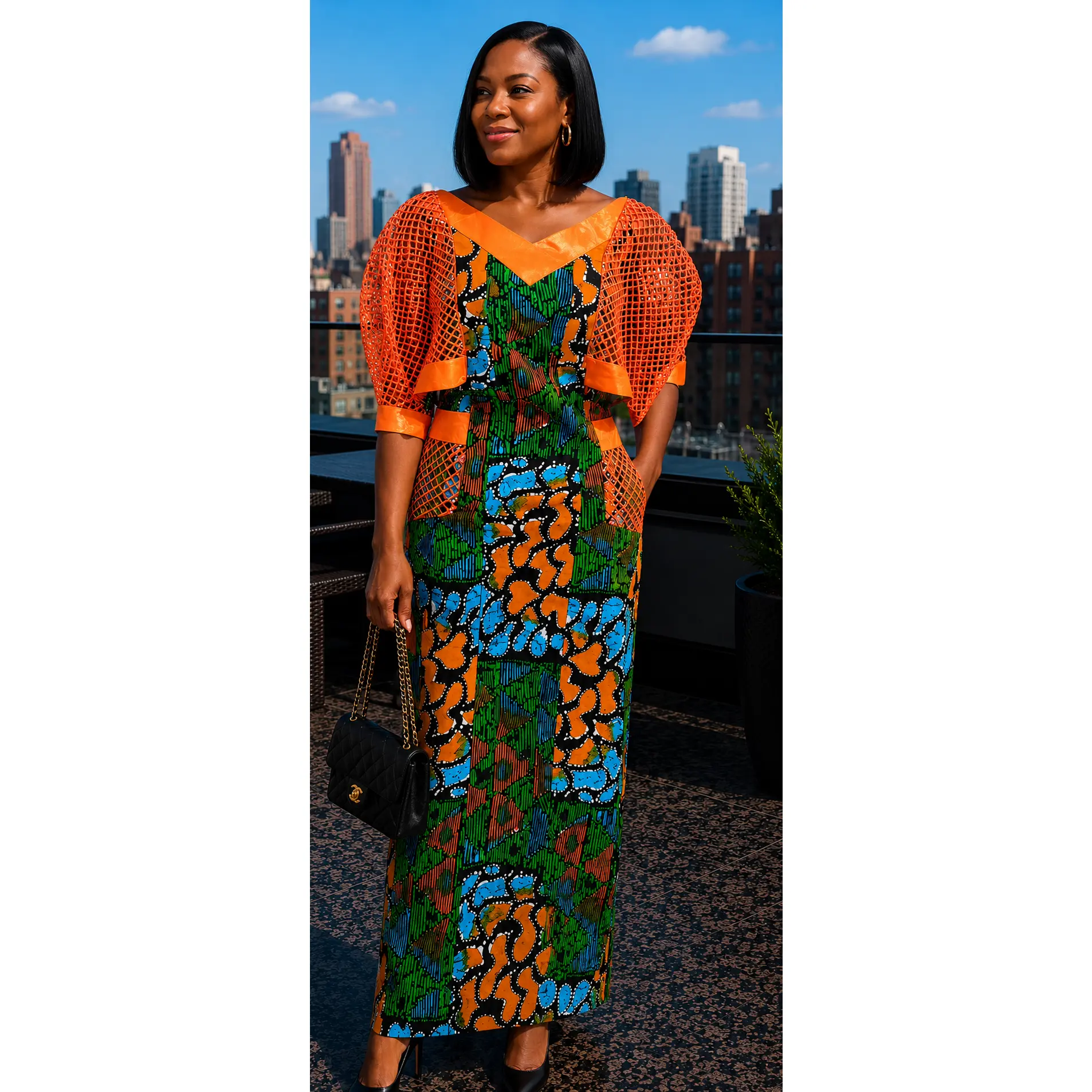Native Wear Orange Ankara w/Embroidery Hand Stitched African Print Dress