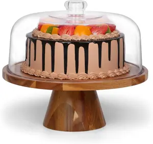 Acacia  Cake Stand with Clear  Lid Dome Cover, 12in Cake Plate with Dome, Cake Display Stand with Cover, Cake Holder for Baking Gifts, Birthday Kitchen Party, Wedding