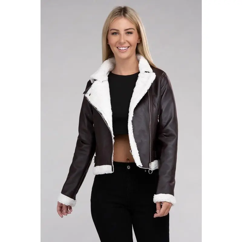 Ambiance Apparel Plush Teddy Trimmed PU Jacket