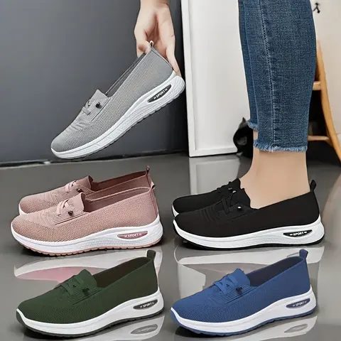 OFIREND Women's Black Casual Slip-On Knit Sneakers - Lightweight, Breathable, Braid Detail, Round Toe, Fabric Low-Top, Fast On/Off, All Seasons, All-Day Comfort, Casual Wear Shoes for Women