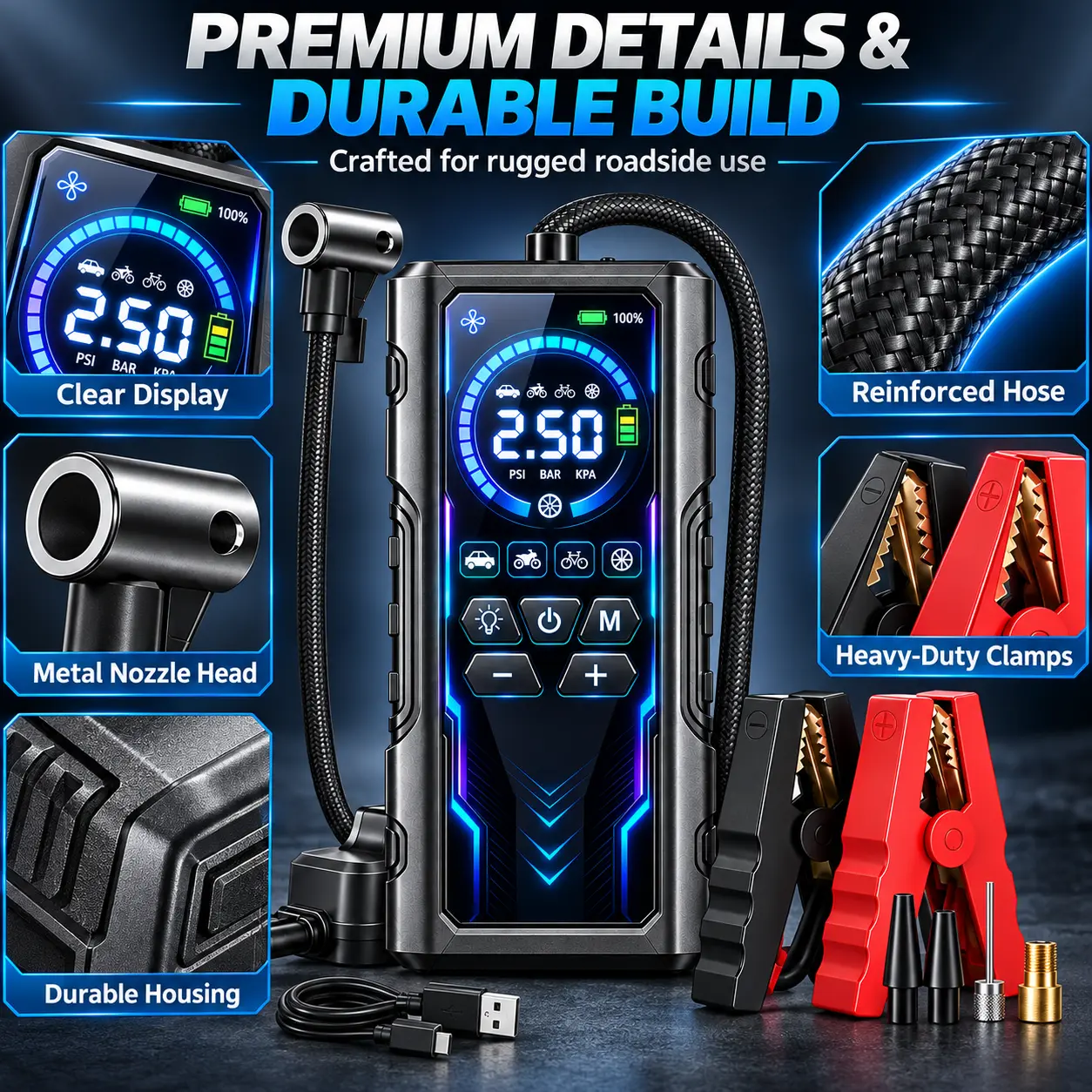 10-in-1 Car Jump Starter with Air Compressor,18000A Peak Portable Car Battery Booster,150PSI Tire Inflator,Digital LCD Display,LED Light,Power Bank for Auto Truck Emergency