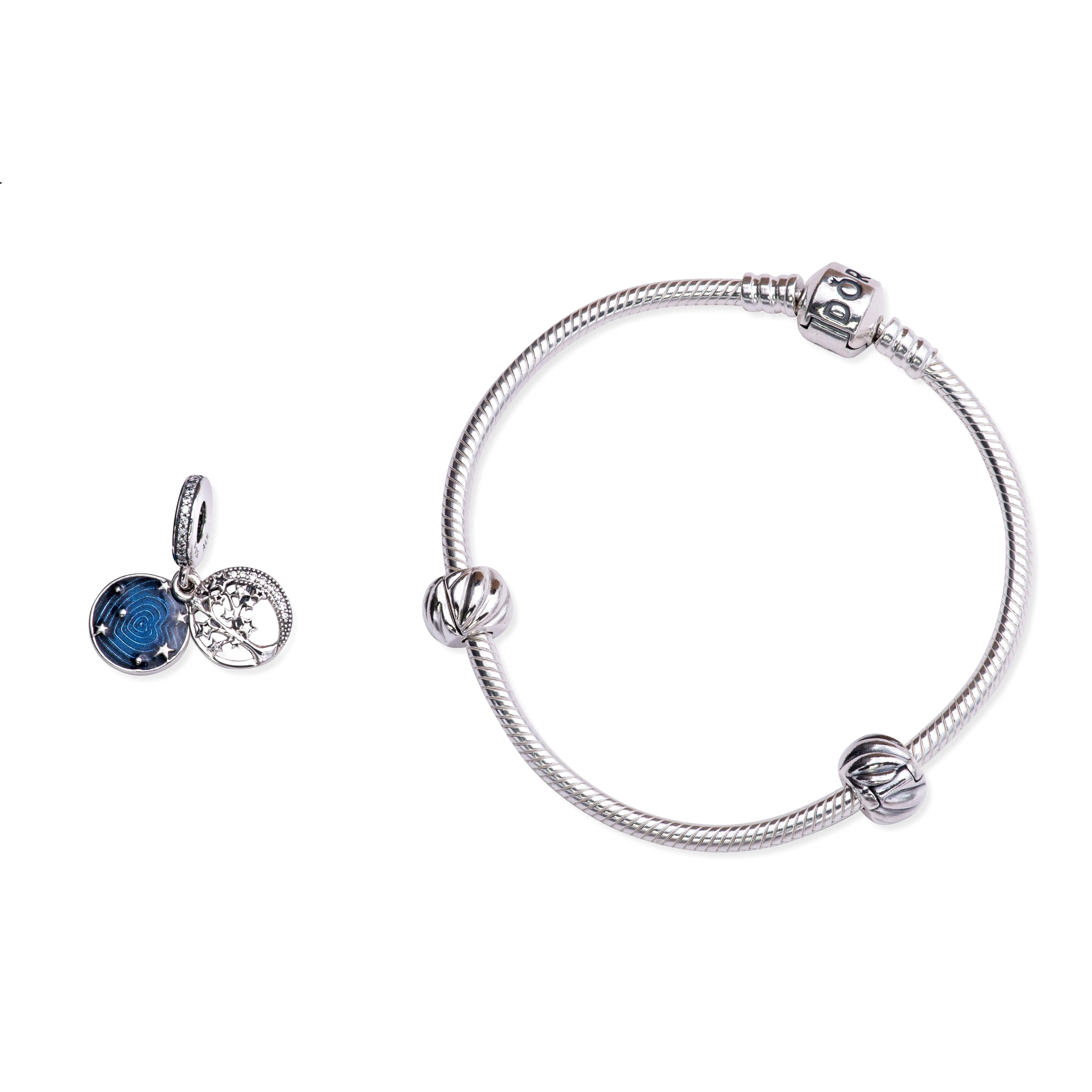 PANDORA Galaxy Moon Sterling Silver Bracelet Gift Set for Female Adults, Snake Chain with Dangle & Clip Charms, Cubic Zirconia