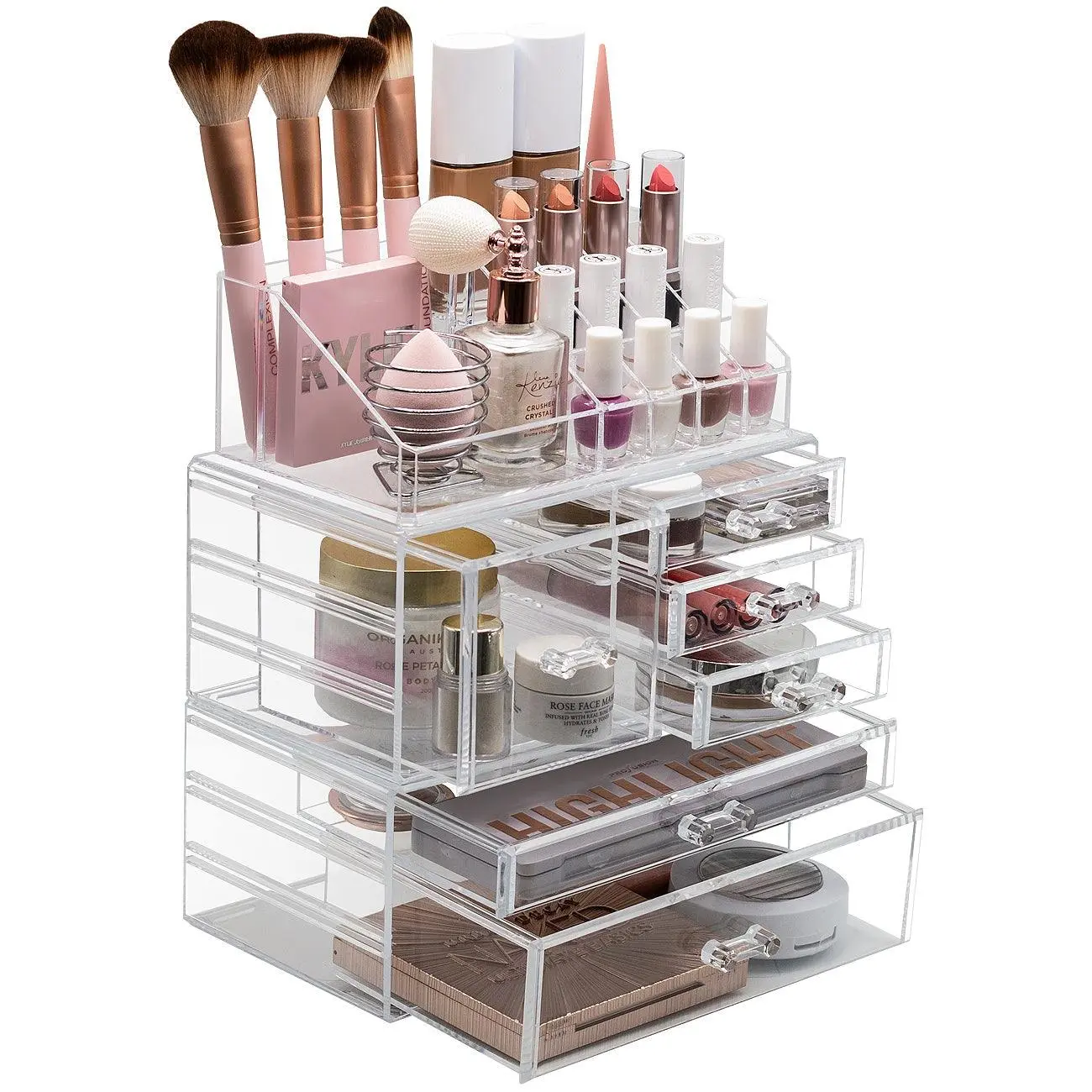 Large Clear Makeup Organizer Case - 3 Piece Set Boxes Vanity Compartment Perfume Plastic