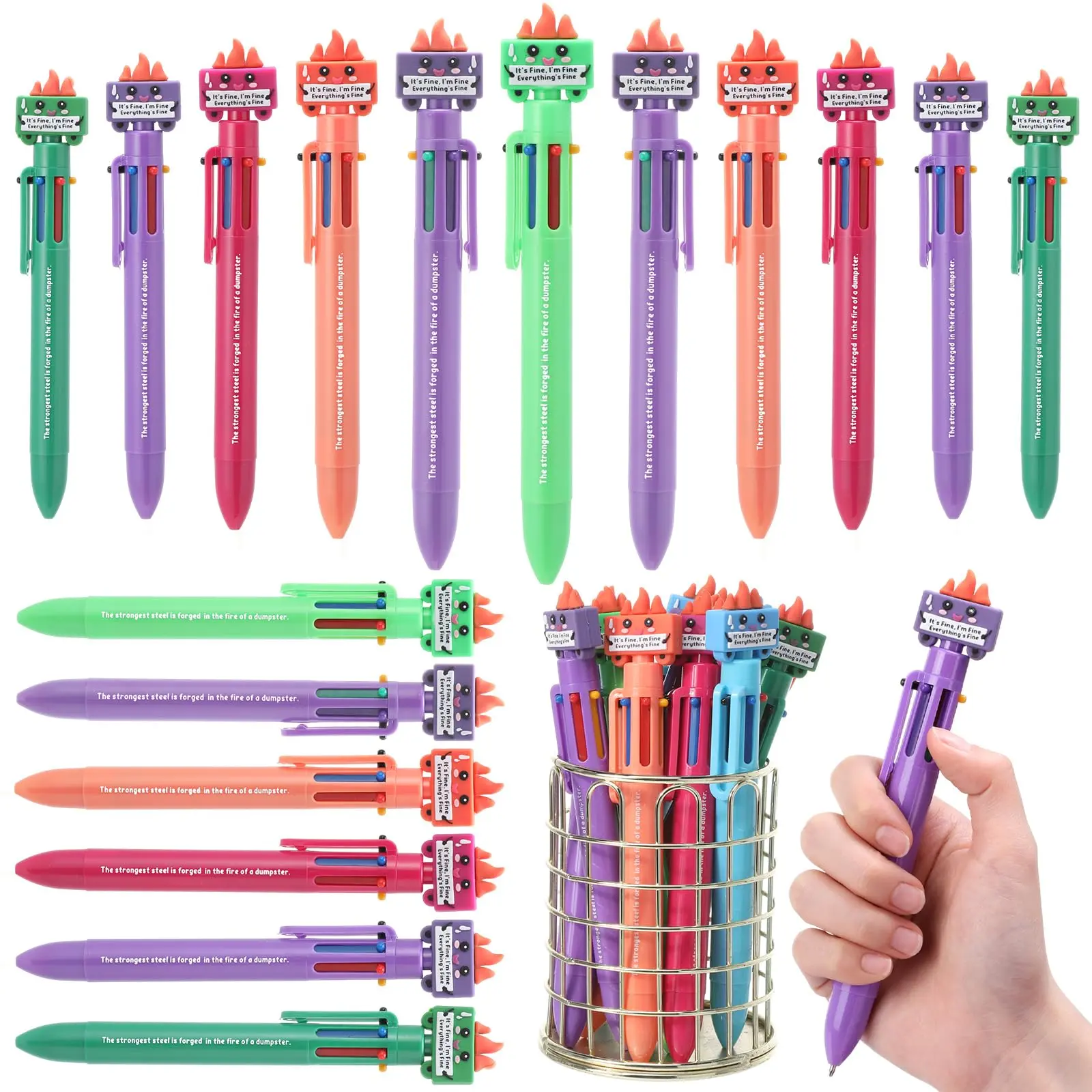 6-in-1 Dumpster Fire Ballpoint Pens Bulk Labor Day Funny Gifts for Colleague Nurse Employee Teacher StudentMulticolor Luminous Dumpster Fires Pens with Bookmark Set Office School Supplies Kit Gift for Classroom Prizes Goodie Bag Stuffers